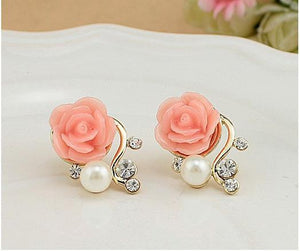 Korean Pink Rose Imitation Pearl Crystal Earrings