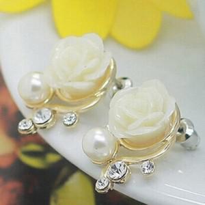 Korean Pink Rose Imitation Pearl Crystal Earrings