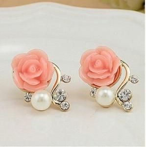 Korean Pink Rose Imitation Pearl Crystal Earrings