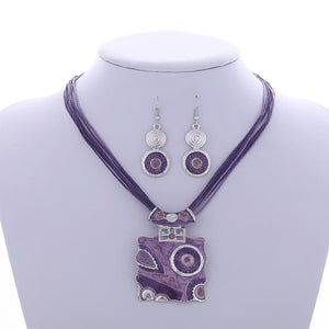 Leather Chain Enamel Gem Jewelry Sets