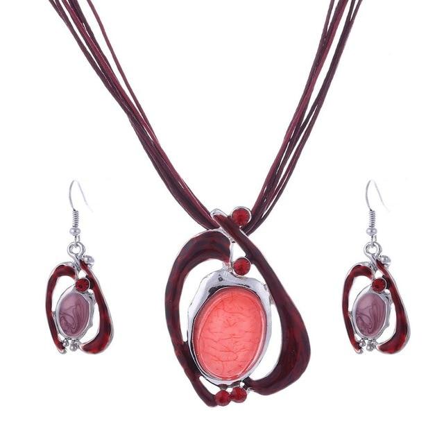 Leather Chain Enamel Gem Jewelry Sets